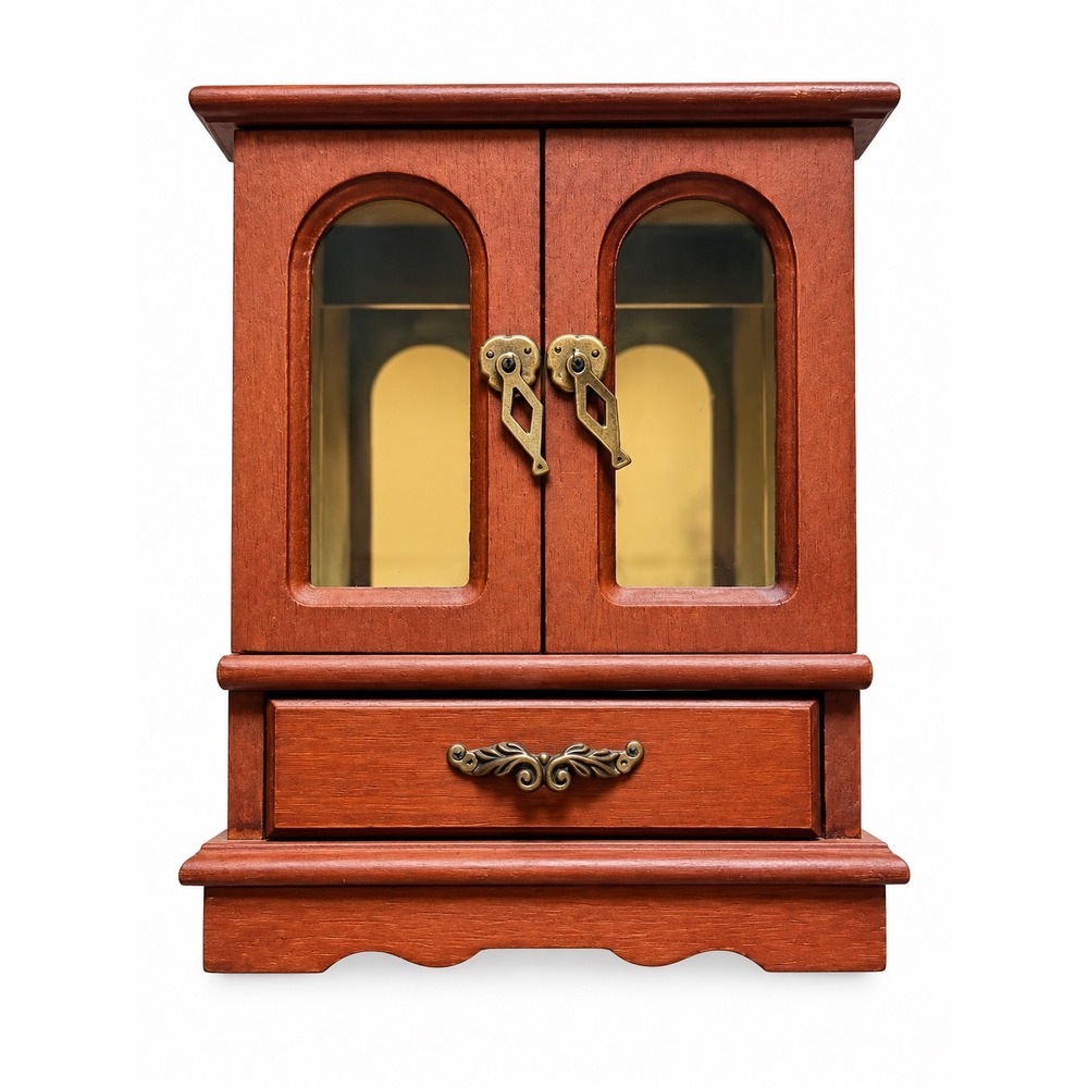 Vintage Wooden Jewelry Armoire Box Glass Doors Rotating Carousel Mirror Brown